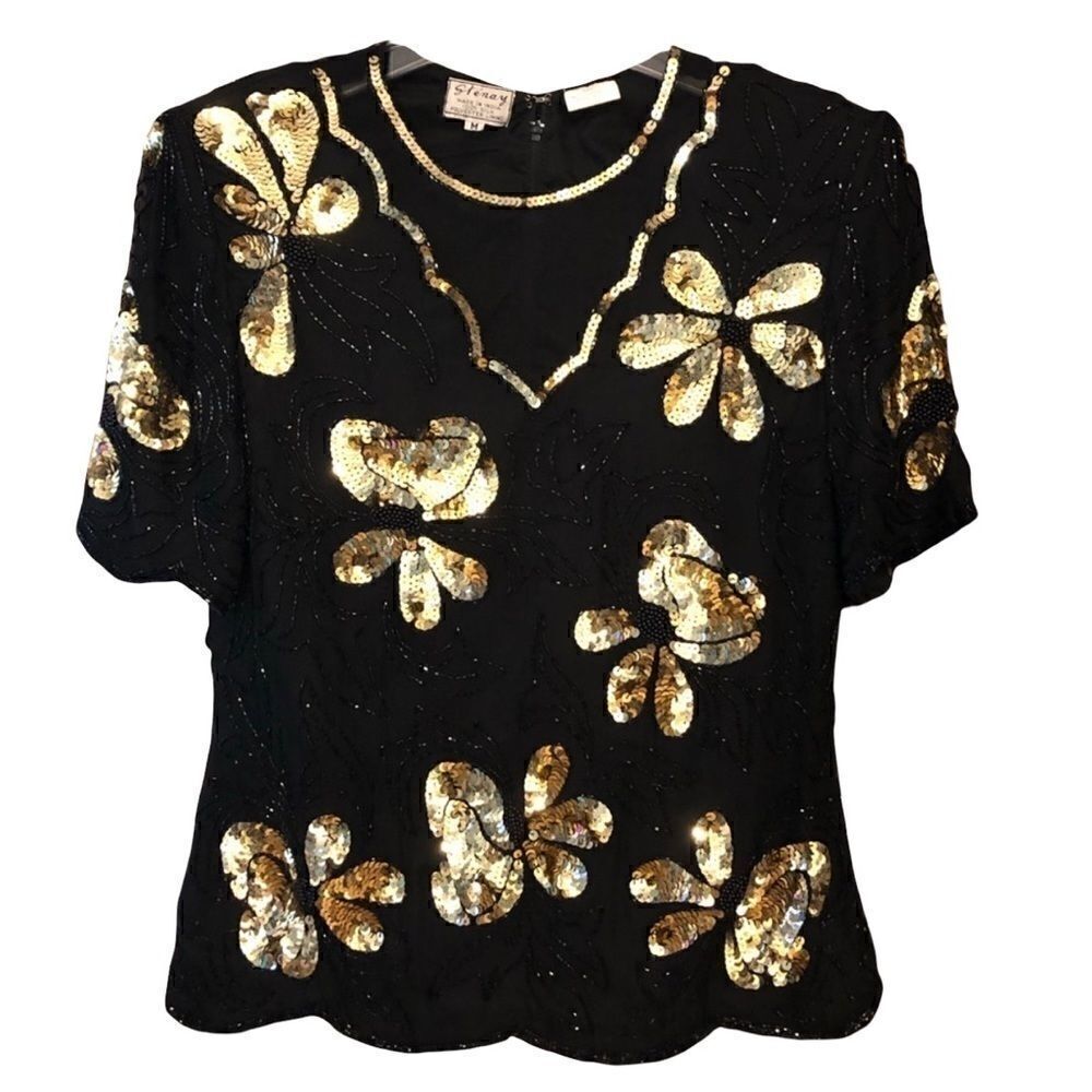 Stenay M VTG ‘90s 100% Silk Black Gold Mesh Floral Beads Sequin Mafia Vibe Top